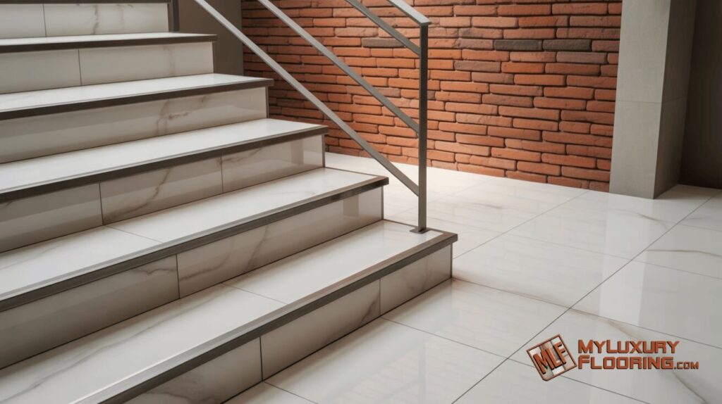 Porcelain Stairs with Brick Accent Wall