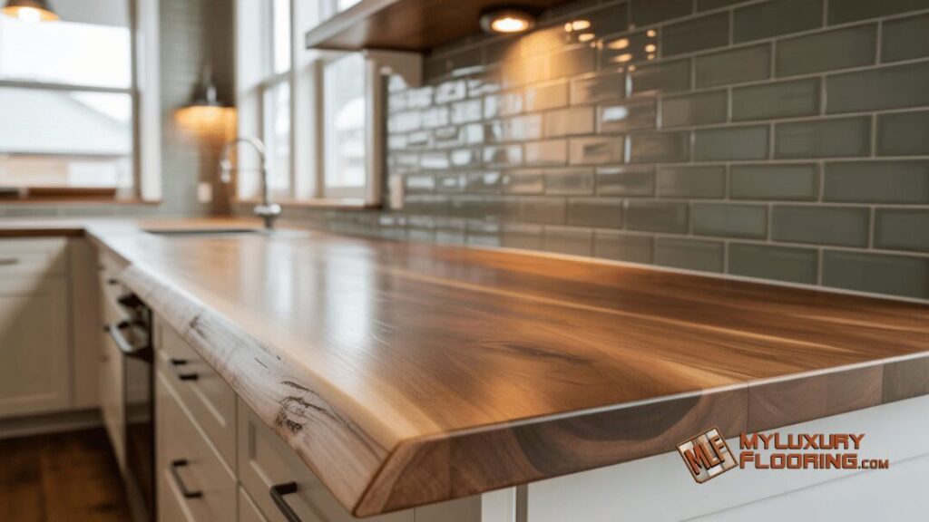 Wood Slab + Tile Backsplash